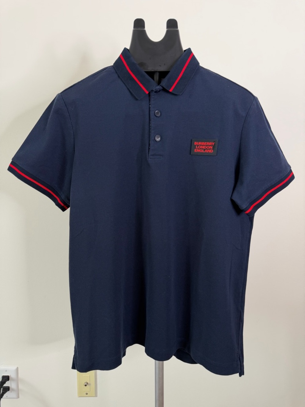 Burberry Navy Polo with Red Trim and Patch